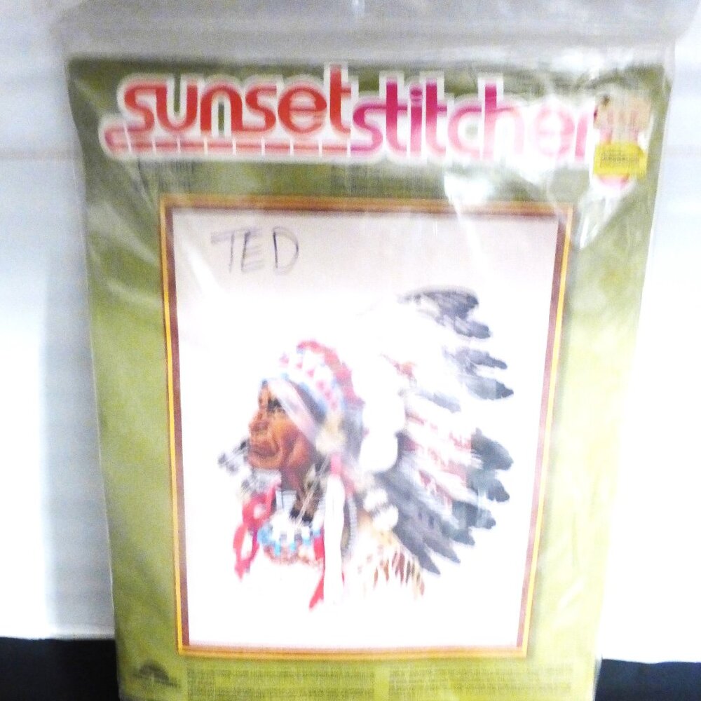 1978 Vintage Cross Stich Sunset Designs INDIAN CHIEF #2220CN Beads Tapestry Rug
